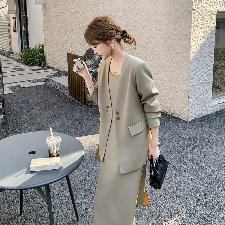 气质女神范职业套装女2025春季新款时尚系带无领西装吊带裙两件套