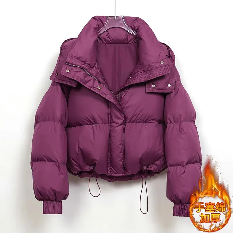 高级感纯色保暖短款棉服女冬季2025年新款加厚宽松连帽面包服外套