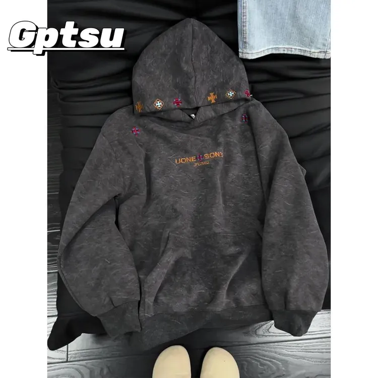GPTSu美式黑色扎染刺绣连帽卫衣男冬季重磅廓形套头衫潮牌外套