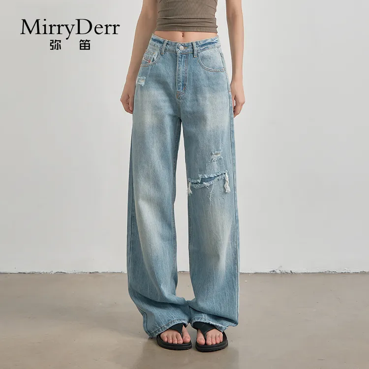 MirryDerr/弥笛时髦破洞牛仔裤女2025夏季新款高腰宽松显瘦阔腿裤