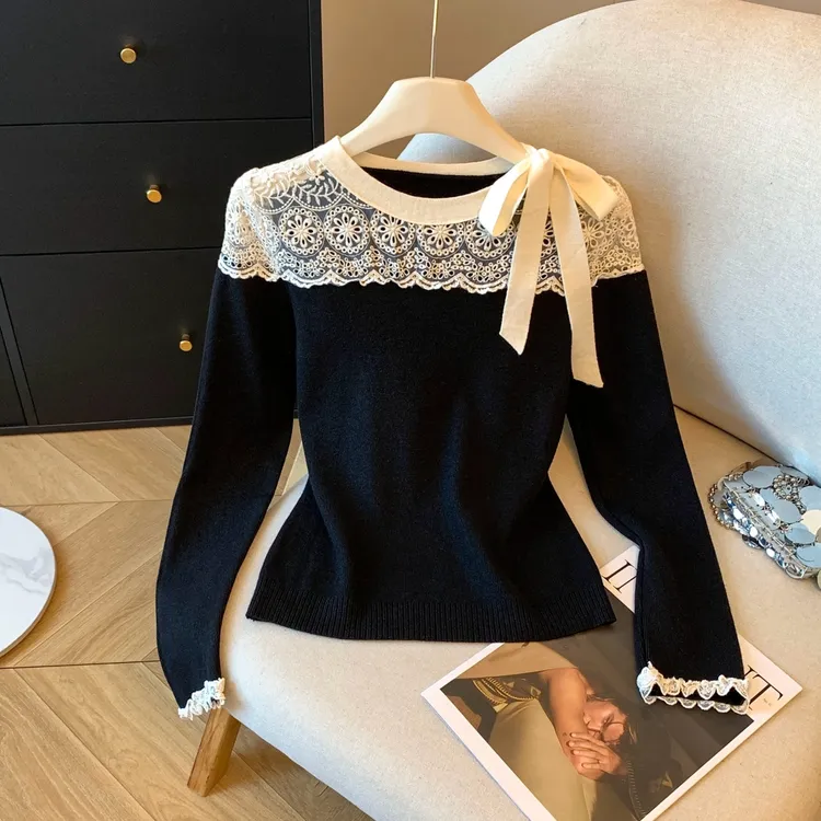 法式小香风蕾丝拼接毛衣女2025秋冬季独特别致内搭针织打底衫上衣