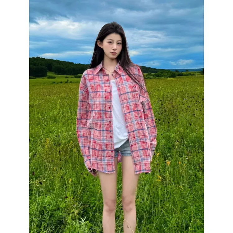 多巴胺刺绣格纹长袖衬衫男女款春秋季高级感宽松百搭情侣衬衣外套