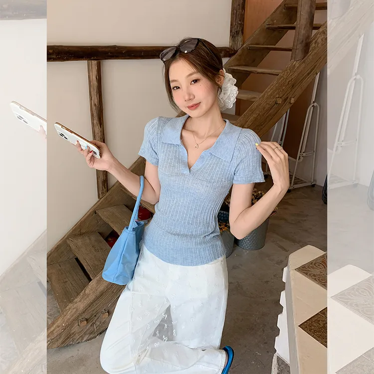 韩系Polo翻领针织短袖女夏季超别致好看修身上衣显瘦气质短款时尚