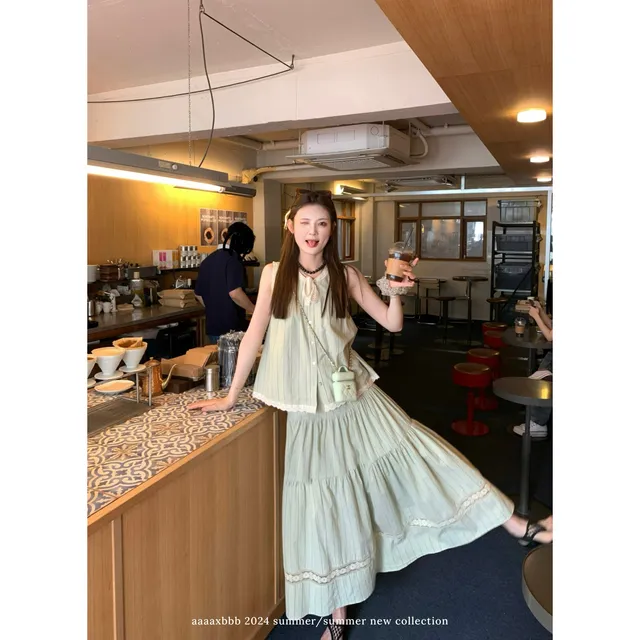 aaaaxbbb 查薇尔莉特 绿色条纹两件套装裙蕾丝花边无袖上衣长短裙