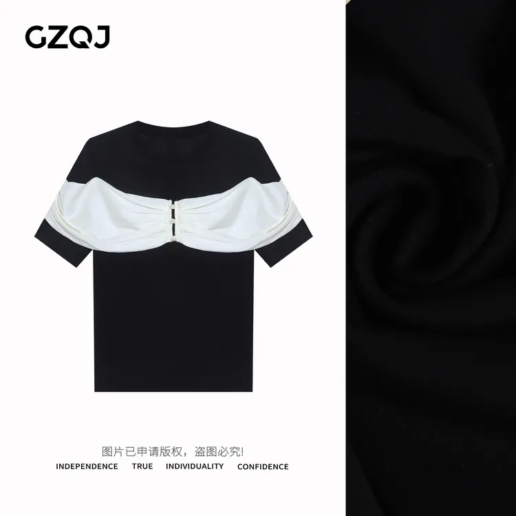 广州琴姐【解构巴别塔】欧若风撞色蝴蝶结圆领短袖T恤女士春夏38094