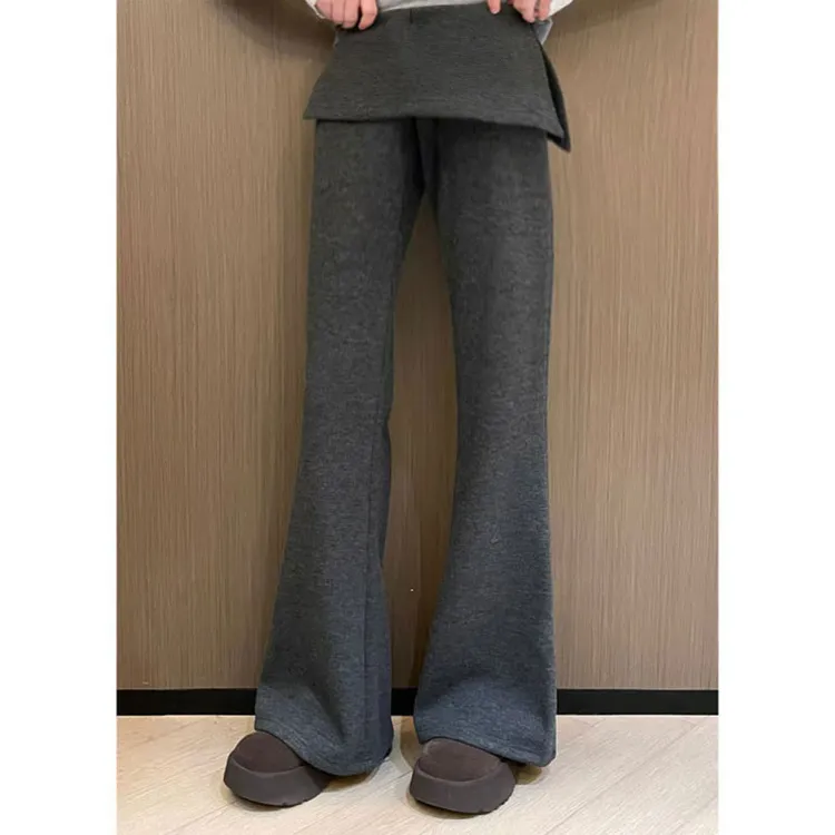 2025冬季新款小众设计假两件休闲裤屁帘显瘦修身喇叭裤拖地长裤女