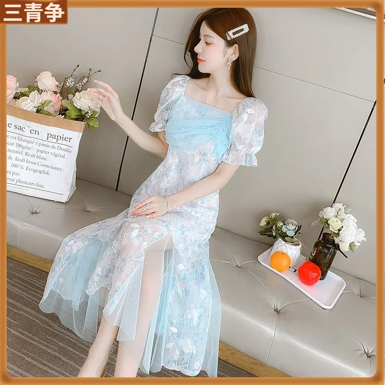 1法式公主裙2025新款超仙蓝色连衣裙礼服收腰裙女夏l