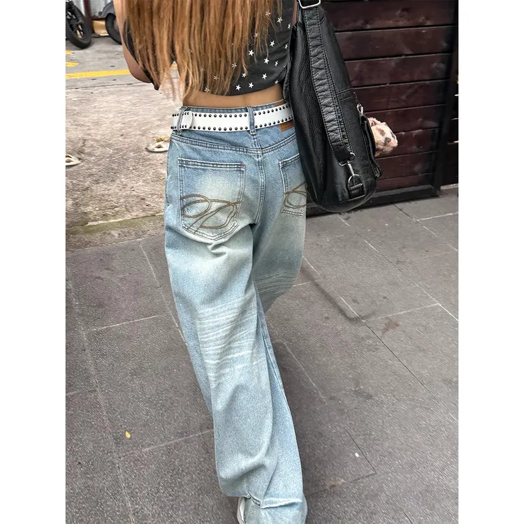 美式复古口袋刺绣设计感牛仔裤女夏秋新款宽松高腰显瘦拖地阔腿裤