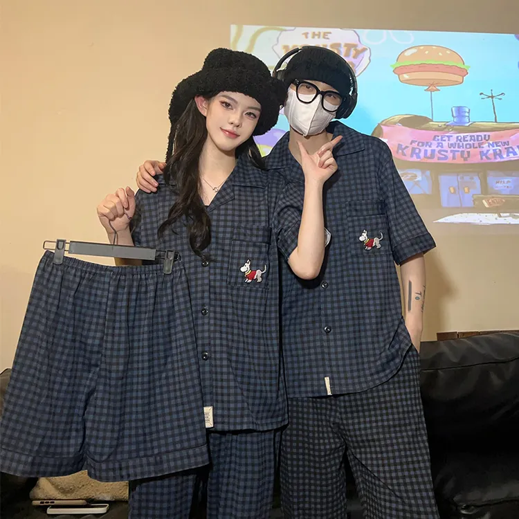【蓝格小狗】200斤男士大码情侣睡衣女夏季短袖短裤三件套装家居服
