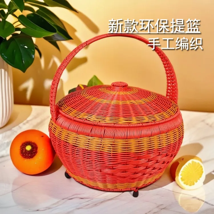 红色喜庆篮子拜篮防磨损大容量月子礼篮纯手工编织中式婚庆编篮