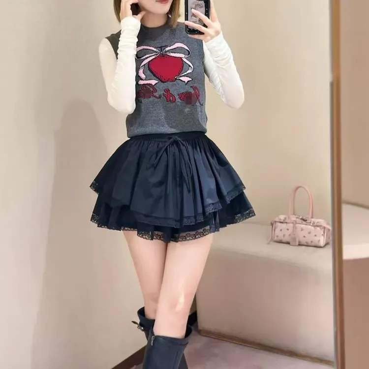 SZSALI 定制平安果针织背心蕾丝拼接蓬蓬半身裙新款显瘦套装