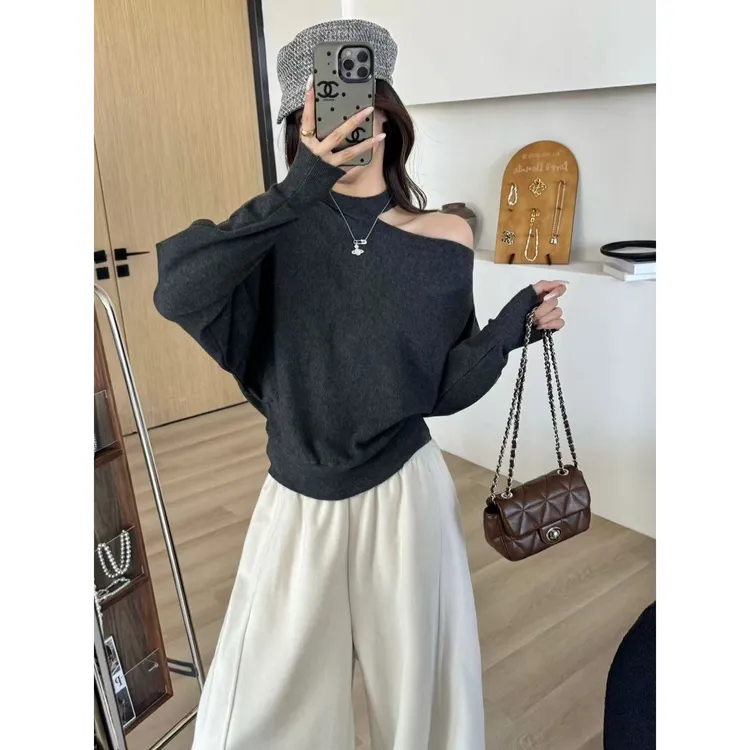 SP【浪漫涟漪】 氛围感斜肩长袖T恤镂空挖肩针织上衣内搭打底