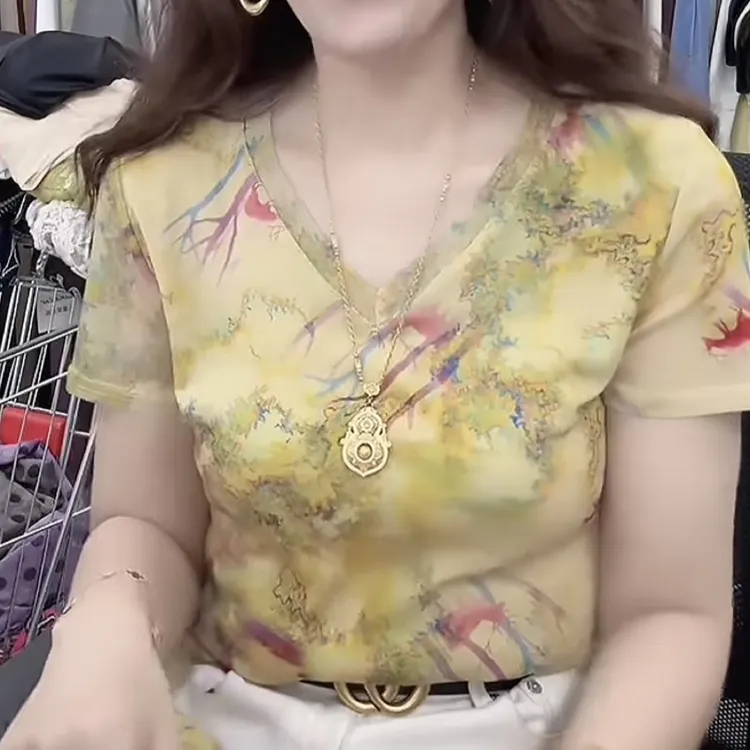 2025夏季新款V领圆领短袖网纱弹力修身 t恤正版洋气上衣A2138