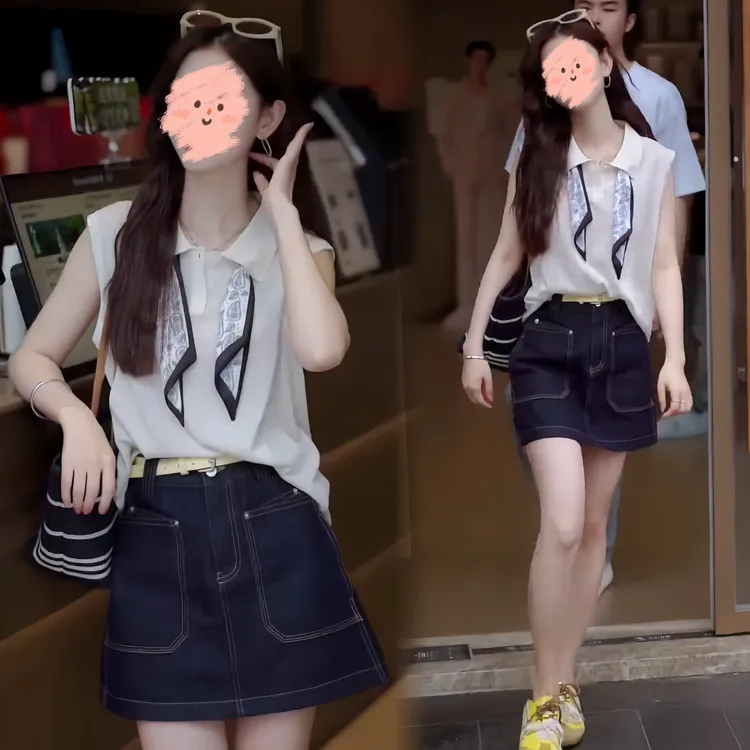 夏季新款2025时尚韩系简约百搭无袖polo领上衣搭配牛仔裙裤气质款