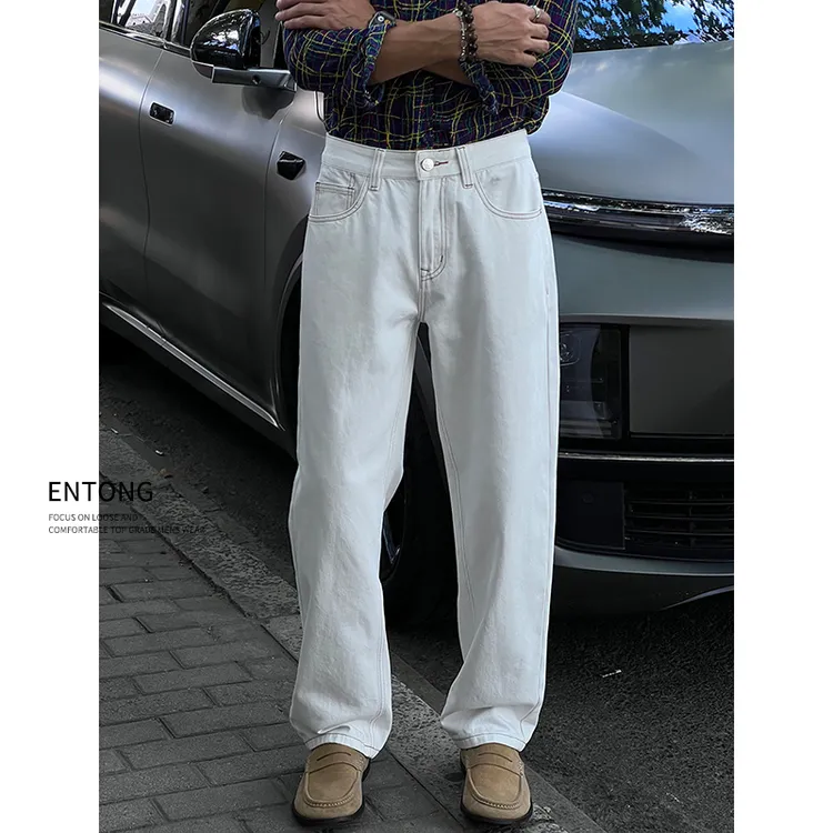 Entong美式高街水洗白色牛仔裤男春秋新款宽松直筒裤百搭休闲长裤