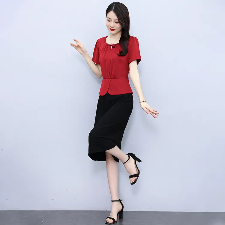 短袖A字裙子纯色夏季连衣裙名媛女装显瘦减龄职业裙小个子假两件