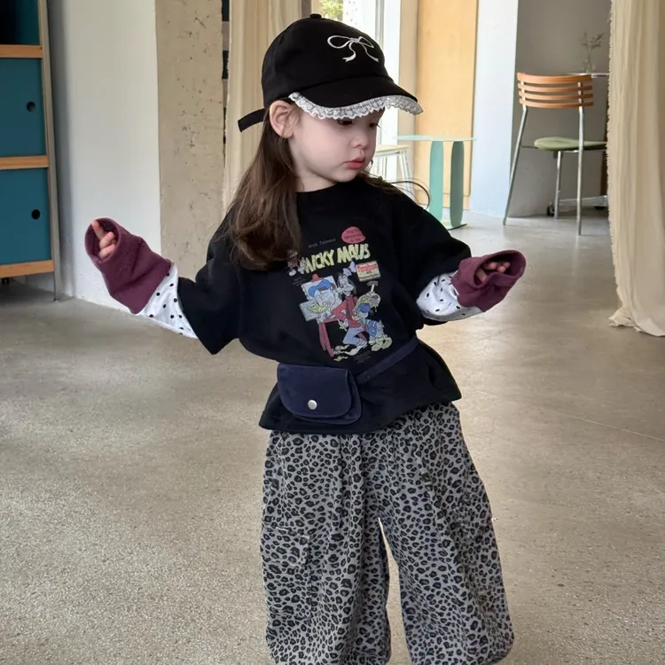 2025秋季新款儿童卡通休闲假两件上衣波点撞色宽松T恤豹纹裤套装