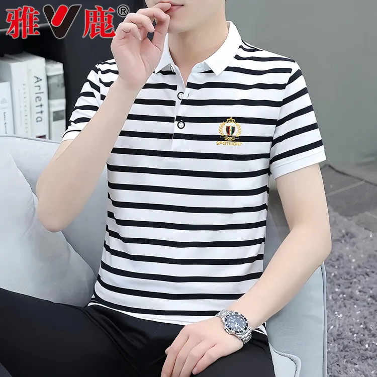 V/雅鹿专柜夏季条纹男士polo衫短袖T恤男装潮流修身翻领商务上衣