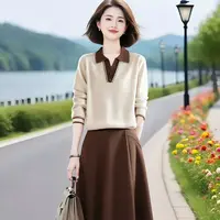 复古港风女装时尚百搭气质撞色针织衫设计感百搭半身套装春秋新款