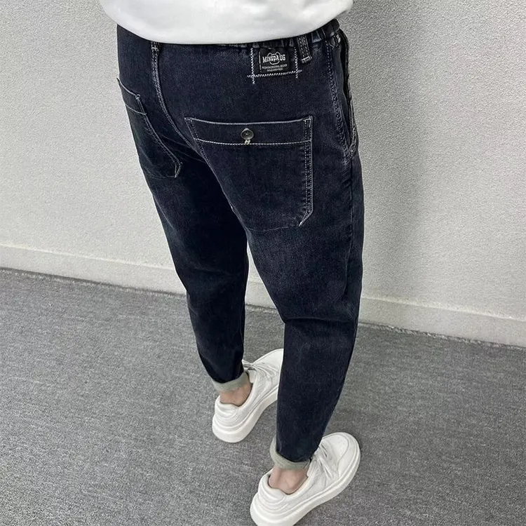 松紧腰牛仔裤男春秋款潮流修身小直筒百搭弹力休闲男士抽绳长裤子