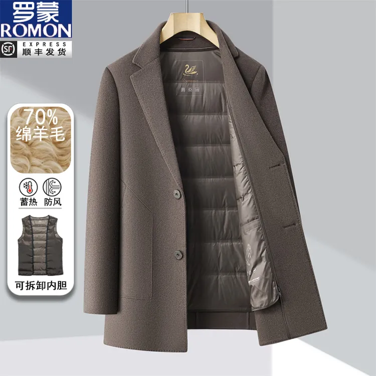 罗蒙羊毛西服男士秋冬季加厚鸭绒内胆保暖休闲西装领双面呢子外套