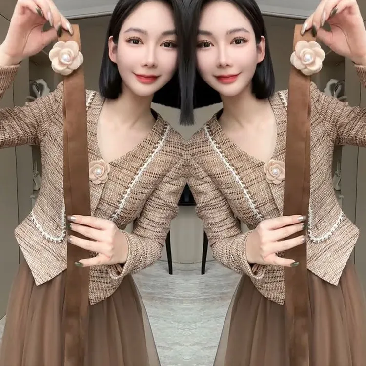1080高级感2025秋新套装裙韩系小香风千金领带胸花纱裙长裙两件套