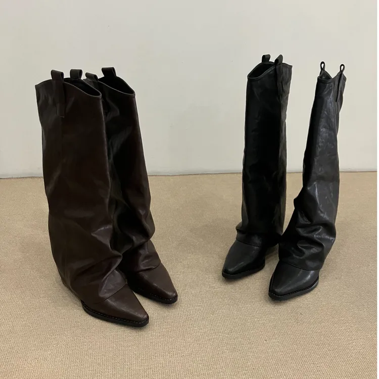 秋冬新款辣妹复古风长靴粗高跟裤管靴显瘦百搭高筒骑士靴长筒