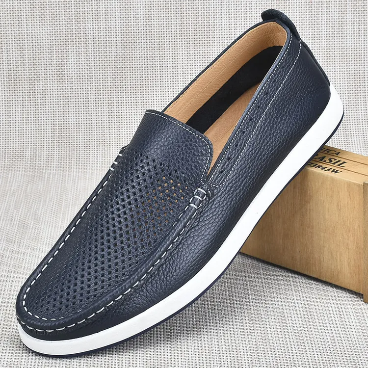 镂空男士透气户外男皮鞋中老年休闲鞋2025休闲皮鞋豆豆鞋透气真皮