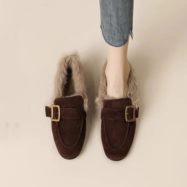 dhini2025年秋冬季新款时尚皮带扣加绒乐福鞋女冬毛毛鞋平底单鞋