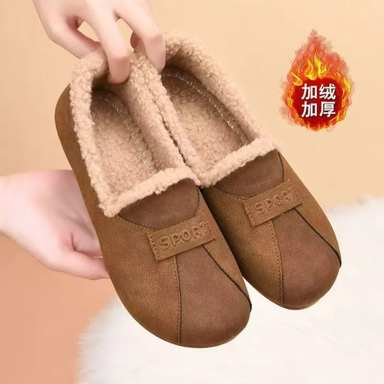 2025新款女鞋冬季加绒防滑妈妈鞋中老年女鞋一脚蹬豆豆鞋