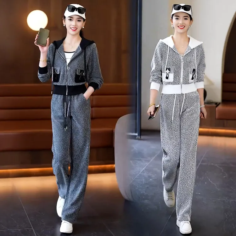 时尚休闲套装女2025年春季新款小个子韩版连帽外套阔腿裤两件套潮