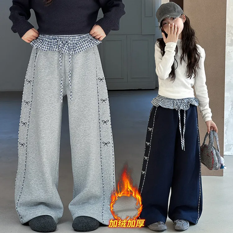 女童秋冬款拼腰格子加绒裤子2025新款中大童直筒阔腿裤女孩休闲裤