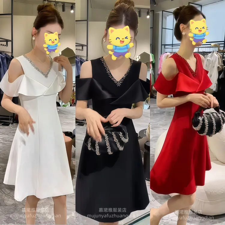 2025露肩a字裙V领极简风不褪色连衣裙夏季修身拼接连衣裙