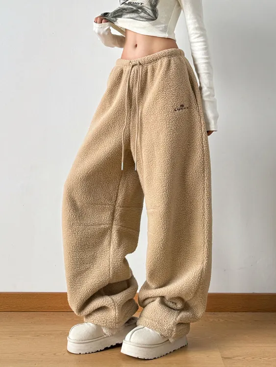 美式秋冬新款加厚保暖摇粒绒休闲棉裤女潮牌阔腿宽松卡其色直筒裤