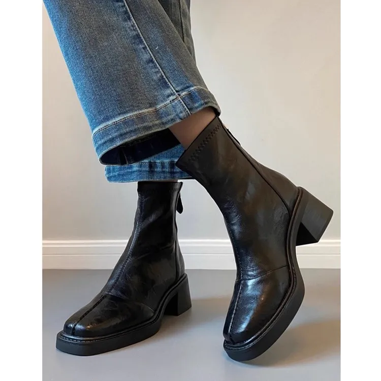 牛皮版~粗跟法式小短靴女2025新款秋冬单靴高跟弹力瘦瘦切尔西靴
