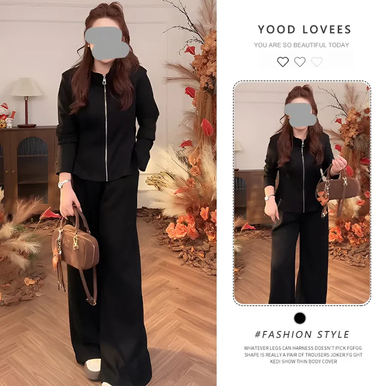 2025年春秋气质穿搭酷飒风高级感拉链立领开衫阔腿裤两件套装女