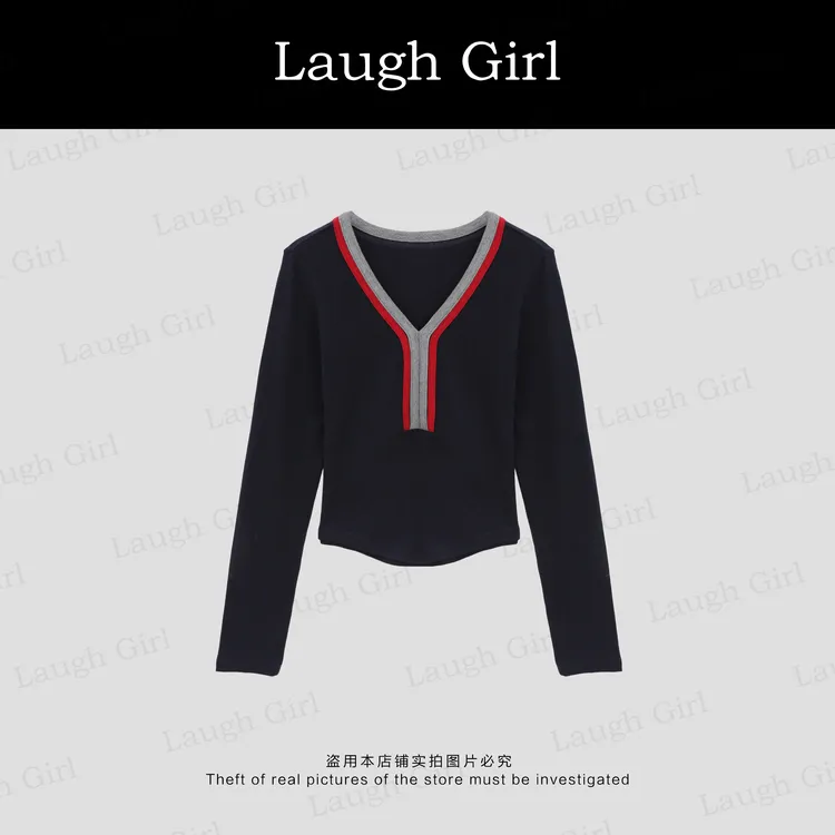 楚楚君 Laugh girl【糯米T】早秋新款拼色V领显瘦长袖上衣CL531093J