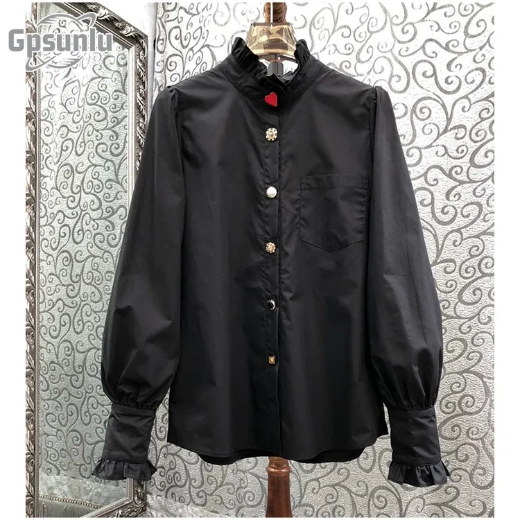 gpsunlu法式立领荷叶边彩色纽扣衬衫女秋季新款设计感气质衬衣