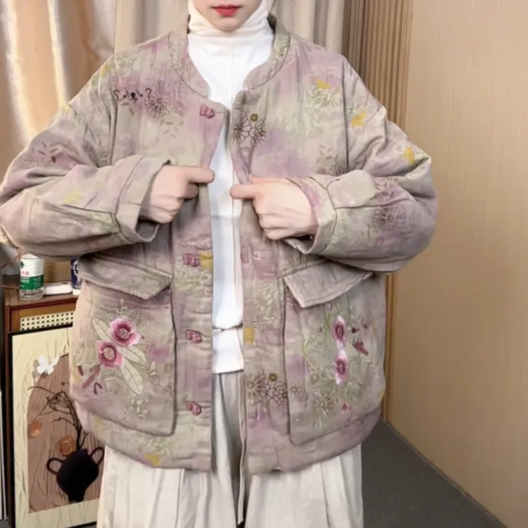 新款亚麻100%复古小众百搭棉麻印花盘扣棉服衣长65胸围120