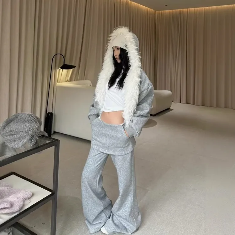 灰色大毛领卫衣套装女秋冬休闲运动夹棉加厚连帽外套阔腿裤两件套