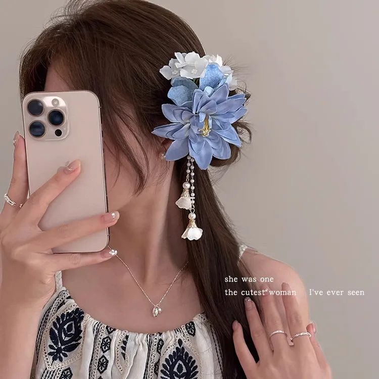 超仙绝美蓝色花朵流苏发夹女后脑勺发卡发饰品鸭嘴夹侧边夹子头饰