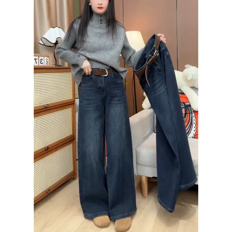 复古时尚巨好看加绒牛仔裤女冬季2025新款高腰宽松修身直筒阔腿裤