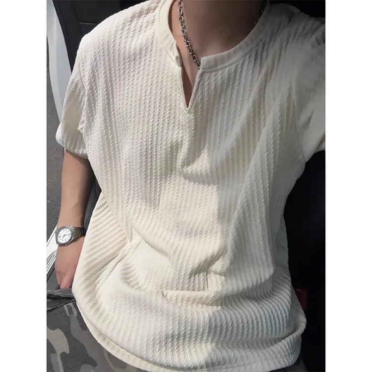 杏色肌理感V领短袖t恤男夏季美式潮流宽松青少年休闲百搭半袖体恤