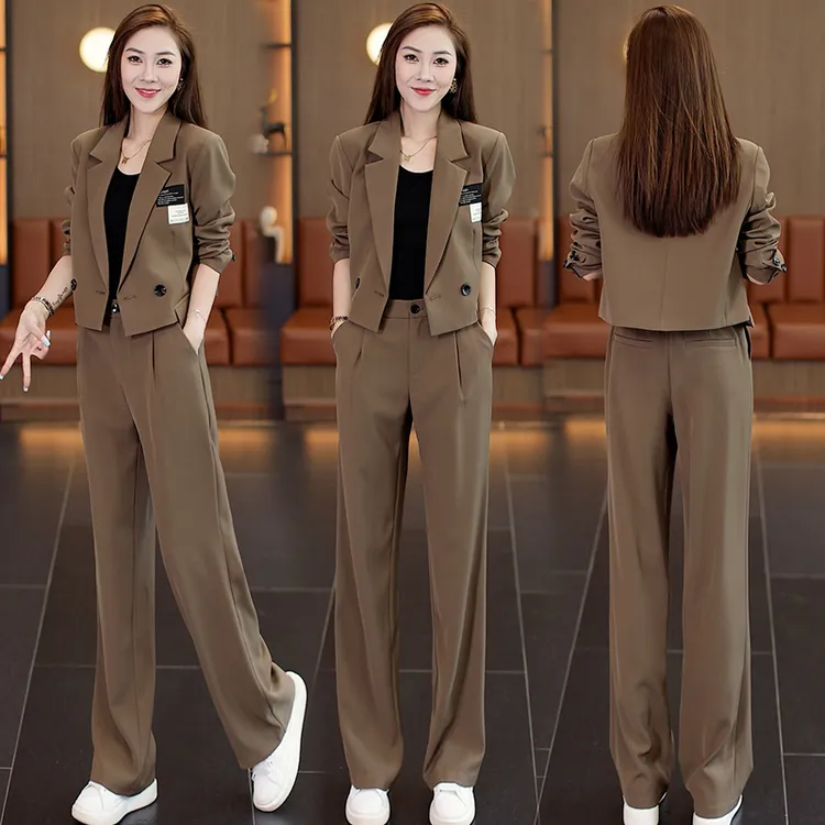 极简风时尚套装女2025秋季新款千金风短款西装外套阔腿裤两件套潮