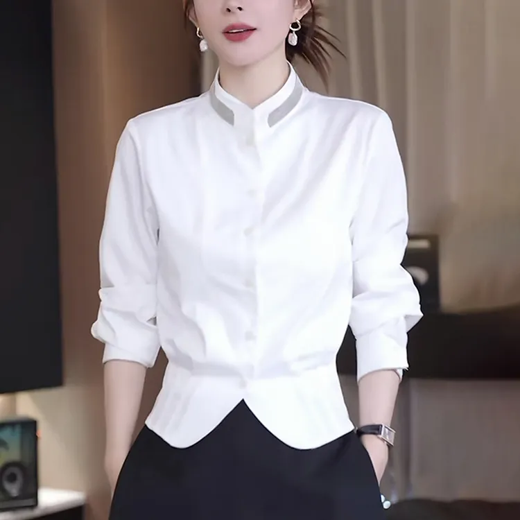 立领白色法式衬衫女2025秋季高级感气质减龄休闲别致收腰显瘦上衣