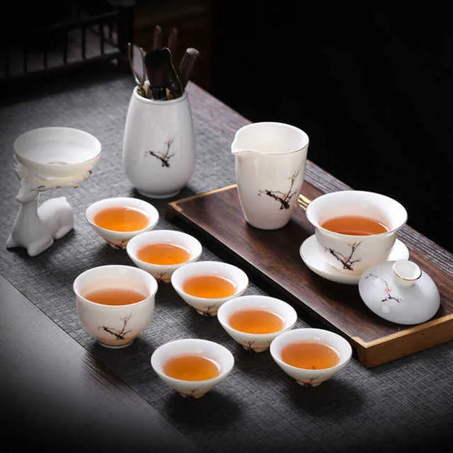 高端茶具用品大盖碗家用功夫茶杯品茗送礼套装高档轻奢陶瓷梅花