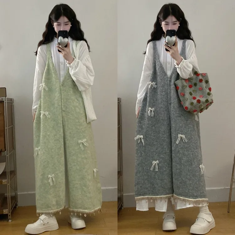 大码胖mm秋冬蝴蝶结甜美气质宽松针织背心裙+衬衫裙两件套装女