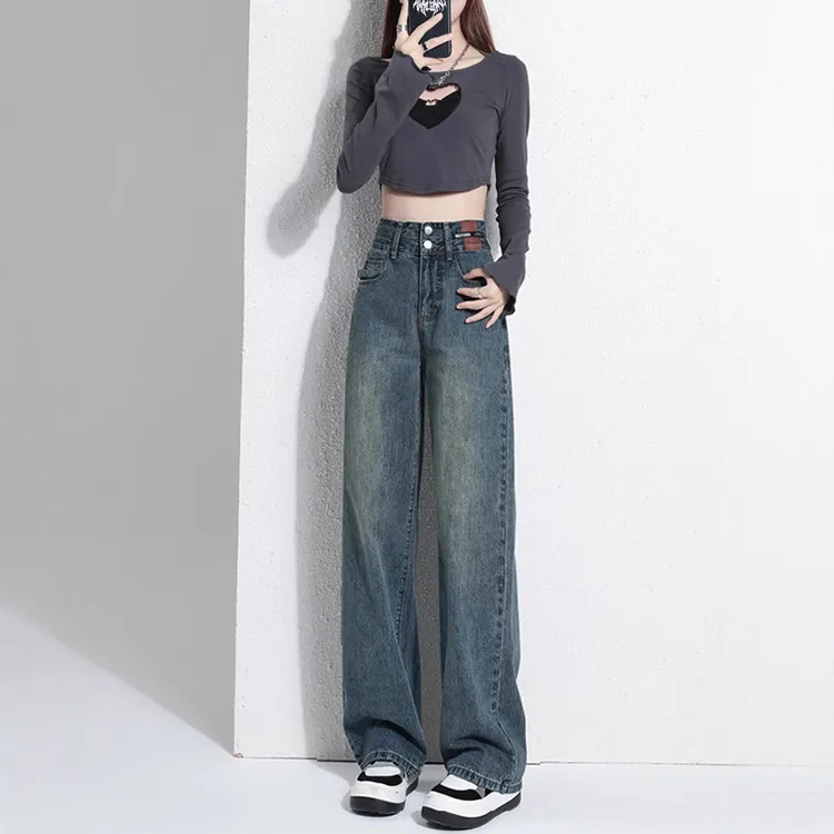 2025新款爆款春秋季直筒显瘦窄版阔腿牛仔裤女小个子高腰宽松裤子