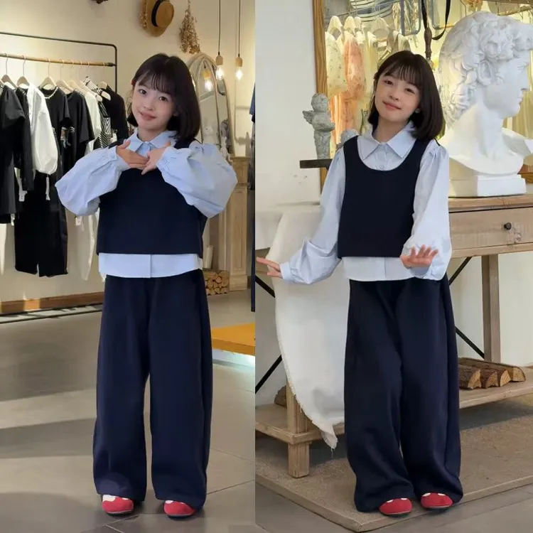 女童套装春秋装2025新款洋气女大童韩系穿搭儿童假两件上衣两件套