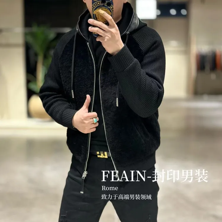 【皮毛一体拉贡鹅绒】高端进口拉贡皮毛一体真皮编织连帽鹅绒服8113